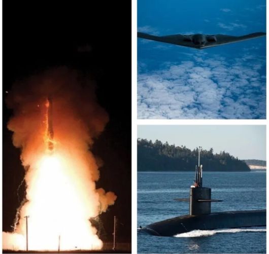 미국의 ‘3대 핵전력’(Nuclear Triad)은 지상에서 발사하는 대륙간탄도미사일(ICBM·왼쪽), 전략폭격기(오른쪽 위)가 하늘에서 투하하는 핵폭탄, 전략핵잠수함이 바다 속에서 쏘는 잠수함발사탄도미사일(SLBM)을 가리킨다. 미 공군·해군 누리집