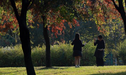 전국 대부분 지역의 낮 기온이 20도 안팎까지 오른 지난 5일 서울 영등포구 양화한강공원을 찾은 학생들이 사진을 찍고 있다. 연합뉴스