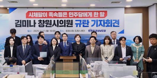 더불어민주당 경남도당은 17일 창원시청에서 기자회견을 열어 김미나 창원시의원을 고소하겠다고 밝혔다. 최상원 기자