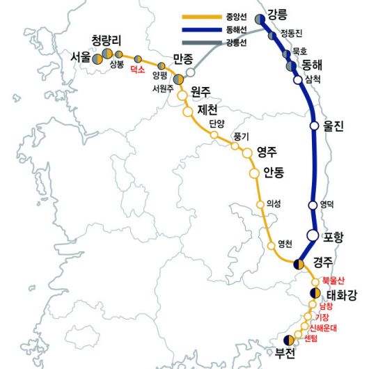 중앙선·동해선·강릉선 노선도. 부산시 제공