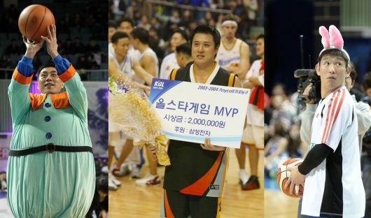 은퇴 이후인 2012~2013 ‘레전드 올스타’ 자격으로 올스타전 슛 대회에 참가한 이상민 감독.(왼쪽) 선수 시절 2003~2004 올스타전 최우수선수에 뽑혔던 문경은 감독.(가운데) 선수 시절 2015~2016 올스타전 슛 대회에 참가한 양동근 감독. 프로농구연맹 제공