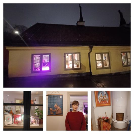 지난 8일 방문한 국외 문학 전문 출판사 트라난·트라스텐의 내외 풍경. 트라스텐의 클라라 크론이 백희나 작가의 작품 ‘장수탕 선녀님’의 도판 앞에 서있다. 1700년대 지어진 건물로 재래식 목재 난로(아래 오른쪽)가 사무실 한쪽에 설치되어 있다. 임인택 기자