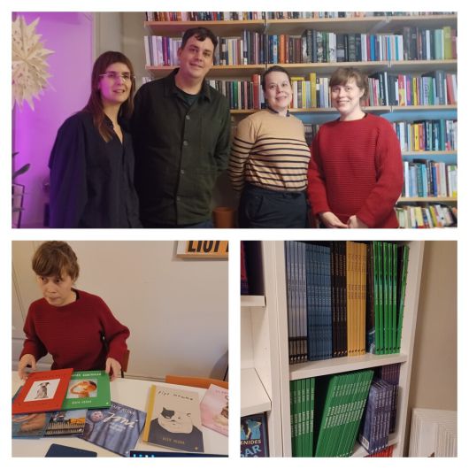 국외 문학 전문 출판사 트라난·트라스텐의 직원들. 위 오른쪽이 아동 문학 담당 클라라 크론, 왼쪽 두번째가 성인 문학에 치중하는 대표 요한네스 홀름크비스트. 지난 8일 크론이 트라스텐에서 출간된 백희나 작가의 작품을 보여주고 있다(아래 왼쪽). 출판사 누리집을 통해 직구 주문이 올 경우 바로 배송할 수 있도록 대기 중인 책들(아래 오른쪽). 임인택 기자