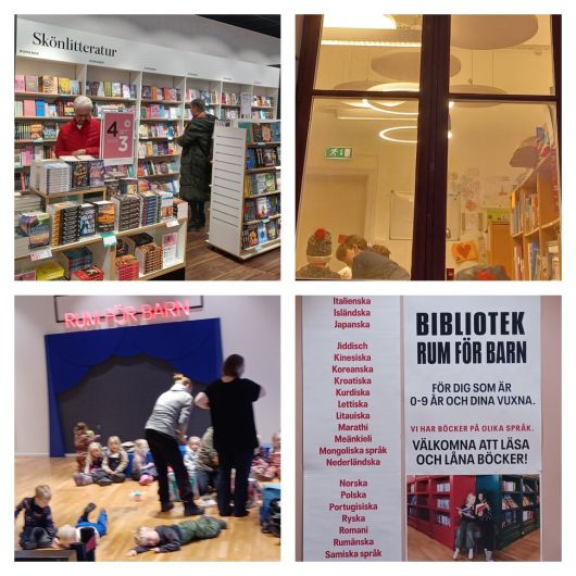 스톡홀름에서 100㎞ 떨어진 인근 도시 베스테로스 중심가 서점에서 지난 12일 시민들이 책을 골라보고 있다(위 왼쪽). 오후 5시께 이 도시 시청사에서 책을 읽는 아이들(위 오른쪽). 지난 9일 스톡홀름 중심가에 있는 쿨투르후세트 내 0~9살 어린이 대상 도서관 ‘룸 푀르 바른’ 앞에 모여 있는 아이들과 교사들(아래 왼쪽). 이 도서관 입구엔 한국어 포함, 54개 언어로 비치된 도서 관련 안내문(아래 오른쪽)이 붙어 있다. 2007년부터 여기서 일한 사서 안나 에클룬드는 지난 5일 오후 한겨레에 “근래 체코어 책을 분실해 1개국이 줄었다”고 웃으며 말했다. 임인택 기자