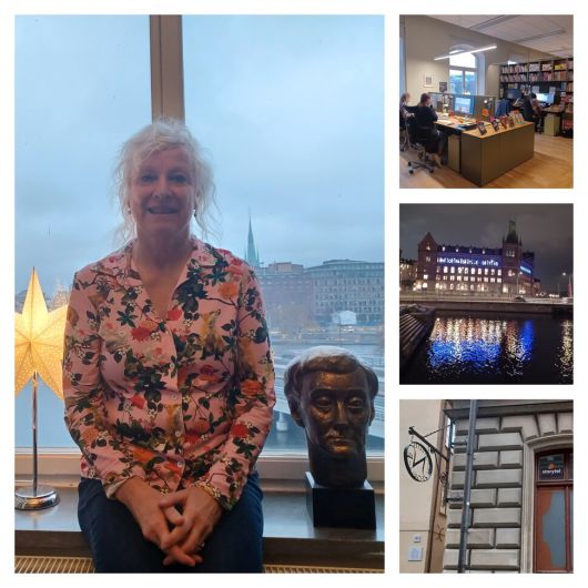 스웨덴 작가 페르닐라 스탈펠트(왼쪽)와 아스트리드 린드그렌 조각상. 그와 인터뷰한 장소인 라벤&셰그렌(오른쪽 맨 위)은 스웨덴 아동 문학을 상징하는 아스트리드 린드그렌(1907~2002)이 편집자로도 일했던 전통의 주류 출판사이며 스웨덴에서 가장 오랜 역사를 자랑하는 노르스테츠 출판사(오른쪽 가운데)의 자회사다. 간판에 모회사의 설립연도(1823)와 오디오북 사업체인 자회사 스토리텔이 보인다(오른쪽 아래). 임인택 기자 imit@hani.co.kr