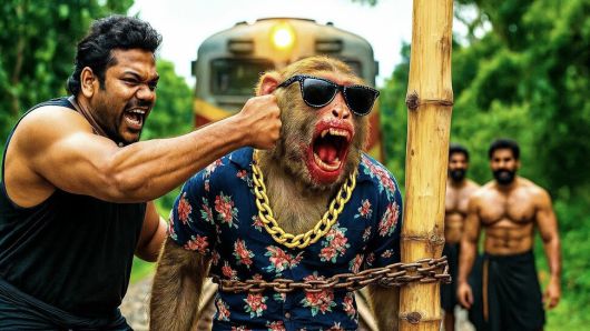 카프윙 조사에서 전 세계에서 가장 많이 시청된 인공지능 슬롭 채널인 인도의 ‘반다르 아프나 도스트’(우리 친구 원숭이)에 올라온 영상의 이미지. 이 채널은 의인화된 원숭이와 헐크를 닮은 인도인 남성이 악마와 싸우는 등의 내용의 영상을 송출하고 있다. 유튜브 갈무리