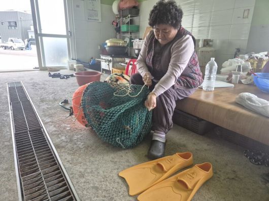 지난달 30일 바다가 세서 물질을 못 나간 김방진 도두해녀회 회장이 망사리와 테왁을 정리하고 있다. 서보미 기자