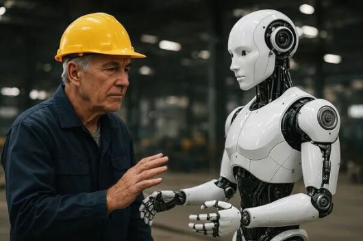 생성형 인공지능(AI) ‘챗지피티’(Chat GPT)에게 “‘제조업 장인\'과 인공지능 휴머노이드 로봇의 모습을 만들어줘”라는 지시어를 입력해 생성한 이미지.