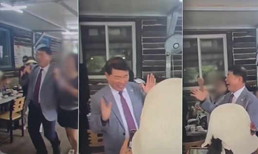 지난해 7월 강원 홍천군 야유회에서 노래를 부르고 춤을 추고 있는 백경현 구리시장. 에스비에스(SBS) 뉴스 유튜브 갈무리