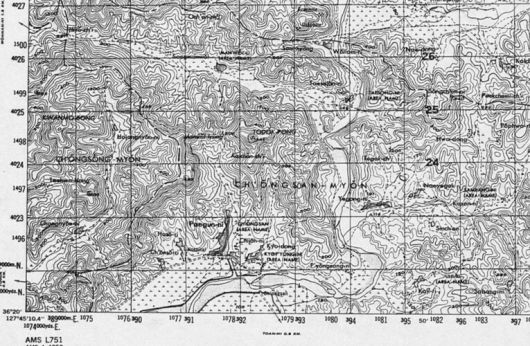 미군이 제작한 군사지형도 AMS L751에 충북 옥천군 청산면 노루목재 사건이 발생한 청산(CR9223) 위치가 표시되어 있다. 미국 텍사스대 도서관