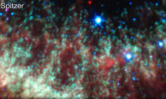 제임스웹우주망원경으로 촬영한 영역과 같은 곳을 스피처우주망원경으로 촬영한 사진. 미국항공우주국 제공