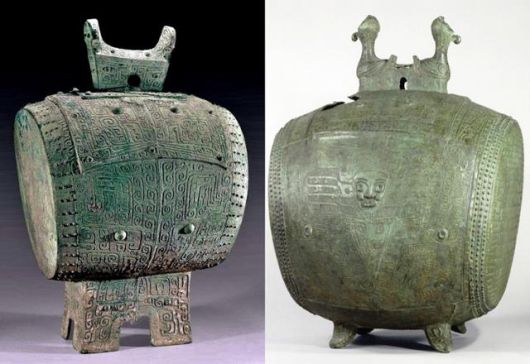 3,000년 전 상나라 말기 청동고 한 쌍인 도철문고(왼쪽)와 쌍조타고. ⓒ최종명