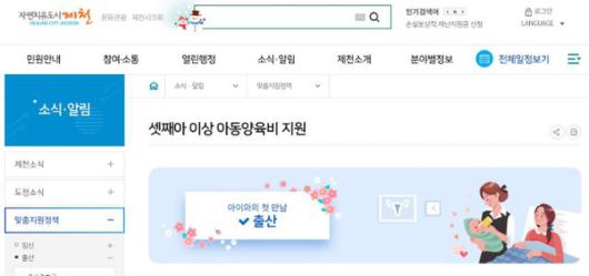 제천시 출생 정책 안내. 제천시청 홈페이지 캡처