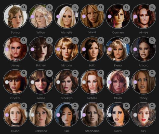 '리얼돌'은 어비스 크리에이션즈(Abyss Creations)가 만든 섹스로봇의 이름이다. 홈페이지에서 직접 커스터마이징한 섹스로봇을 주문할 수 있는데 17개의 몸, 33개의 얼굴, 13개의 헤어스타일을 제공함은 물론 유두와 유륜, 생식기의 모양까지 고를 수 있다. 리얼돌에는 인공지능이 탑재돼 있어 간단한 대화가 가능한데 함께 제공하는 앱을 통해 성격 역시 조정 가능하다. 사진은 고를 수 있는 얼굴 중 일부. 리얼돌닷컴 캡처