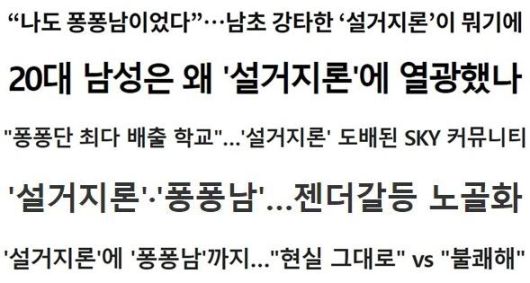 '설거지론'이 남초 커뮤니티를 중심으로 빠르게 확산되자, 관련 기사들도 쏟아져 나왔다. 구글 캡처