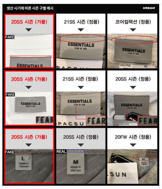올해 2월 크림이 해당 상품을 가품으로 판단한 근거 중 하나로 제시한 사례. 크림 홈페이지 캡처