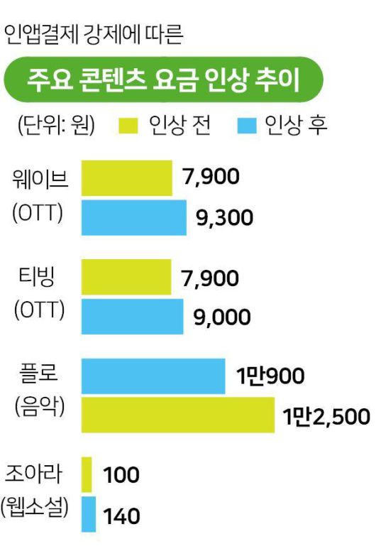 구글 인앱결제 정책으로 요금이 오른 국내 콘텐츠 서비스.