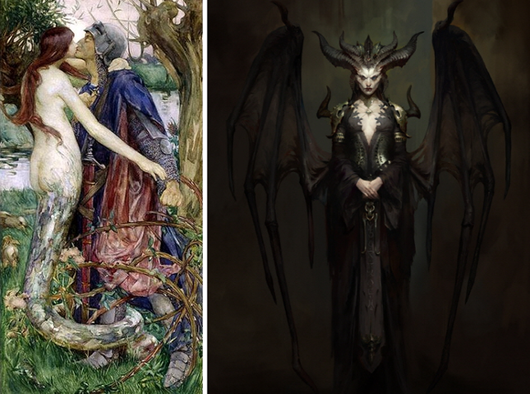 왼쪽부터 이소벨 릴리안 그로아그의 마법의 키스. 1890년작. 게임 디아블로 4의 주요 등장 인물인 릴리트. 블리자드 엔터테인먼트