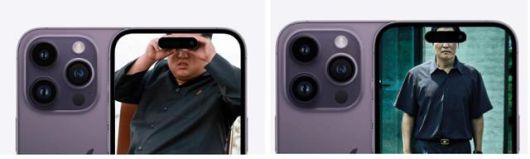 애플은 1020세대의 높은 아이폰 선호도를 바탕으로 한국 스마트폰 시장점유율을 확대해나갈 계획이다. 소비자들은 아이폰14 프로모델의 펀치홀을 김정은 북한 국무위원장 쌍안경(왼쪽)이나 영화 기생충 포스터로 활용하는 등 각종 패러디물까지 제작하며 기대감을 보이고 있다. 온라인 커뮤니티 캡처