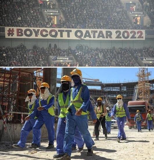 12일 독일 겔젠키르헨의 펠틴스 아레나 경기장에 카타르 월드컵을 보이콧한다는 내용의 걸개가 걸려 있다. 카타르 월드컵 개막이 7일 앞으로 다가온 가운데, 여전히 열악한 노동환경 및 인권 탄압 등으로 월드컵에 반대하는 목소리가 높다. 아래 사진은 카타르 도하의 월드컵 경기장 건설 현장 노동자들. 겔젠키르헨 AP=연합뉴스, 가디언 캡처