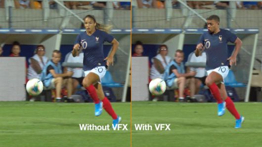 프랑스 여자축구 선수 델핀 카스카리노(왼쪽)의 몸에 남자선수 킬리안 음바페의 얼굴을 시각특수효과(VFX) 기술로 입혀 만든 딥페이크 영상의 한 장면. 마르셀 제공