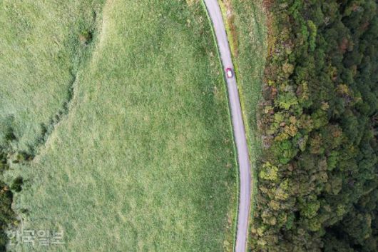 일본 에히메현과 고치현 경계의 UFO라인에서 차량 한 대가 드라이브를 즐기고 있다.