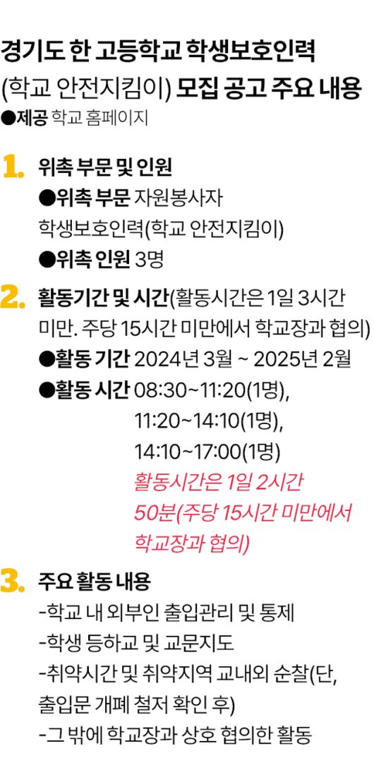 경기도 한 고등학교 학생보호인력 모집 공고 주요 내용. 그래픽=김대훈 기자