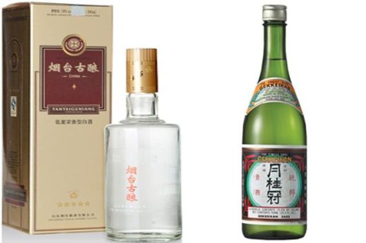 군마트에 입점한 중국 바이주 연태고량(왼쪽)과 일본주 사케 월계관 준마이. 각사 제공