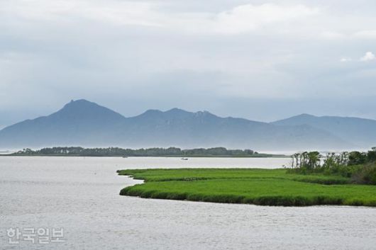 을숙도 탐방로에서 낙동강 하구 모래섬이 신기루처럼 보인다.