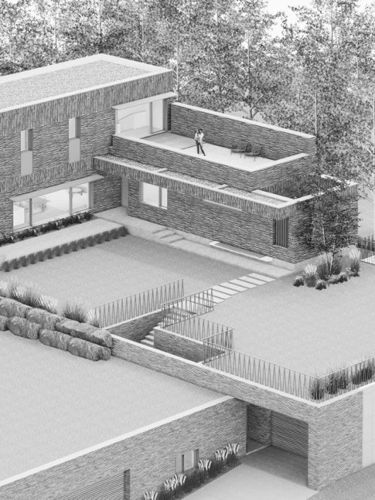 지하 1층, 지상 2층 주택의 조감도. 나지막한 선과 넓은 마당의 조화가 안정적이고 편안하다. 건축사사무소 오롯 제공