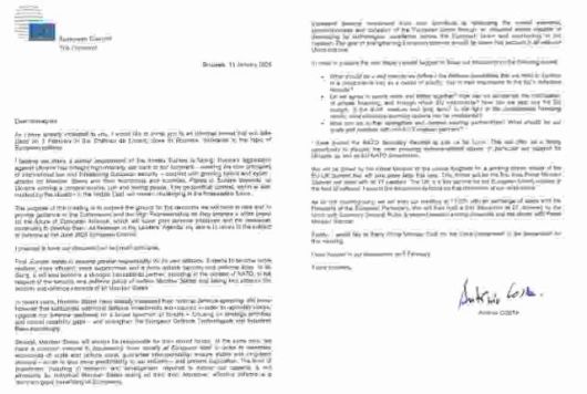 안토니오 코스타 유럽이사회 의장은 지난달 13일 유럽연합(EU) 정상을 비공식 만찬에 초청하는 서한에서 영국은 EU의 주요 파트너이며, 국방 분야에서 특히 그렇다고 강조했다. 유럽이사회 제공