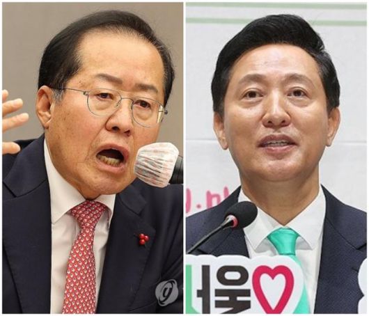 국민의힘 소속 홍준표 경남 도지사(왼쪽)와 오세훈 서울시장. 연합뉴스