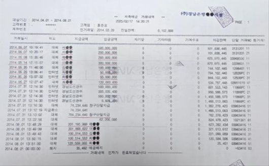 2014년 경남도지사 선거때 홍준표 캠프 대변인이었던 정장수 대구시 경제부시장이 24일 공개한 당시 선거비용 지출 및 상환내용이 담긴 통장사본. 정장수 대구시 경제부시장 제공