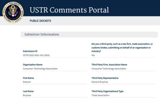 미국소비자기술협회(CTA)가 이달 11일 미국무역대표부(USTR) 홈페이지에 '불공정 무역 관행' 관련 의견서를 제출했다. USTR 홈페이지 캡처
