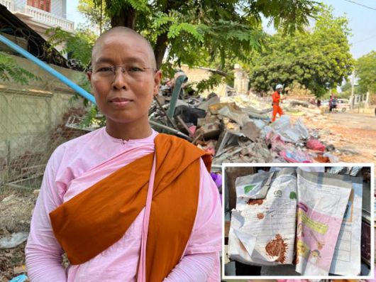 도뗀자이 스님이 3일 미얀마 사가잉에서 지진으로 인한 피해 상황을 설명하고 있다. 지난달 28일 미얀마에서 발생한 규모 7.7 강진으로 그가 여 동자승과 머무는 종교 시설이 무너져 내려앉았다. 작은 사진은 건물 잔해에서 발견된 동자승의 과학 교재 모습. 사가잉=허경주 특파원