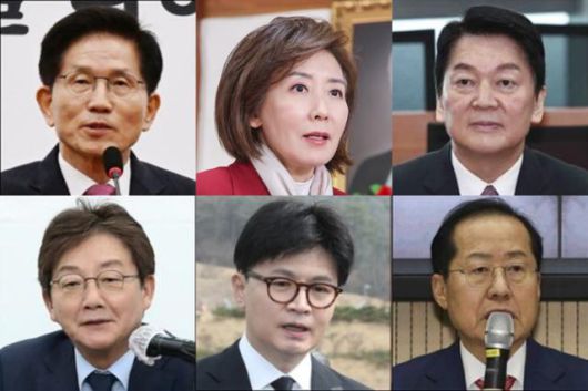 김문수(왼쪽 위부터) 전 고용노동부 장관, 나경원, 안철수 의원, 유승민(왼쪽 아래) 전 의원, 한동훈 전 대표, 홍준표 전 대구시장. 연합뉴스, 뉴스1