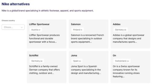 유럽 브랜드 홍보를 목적으로 만들어졌다는 웹사이트 '고 유러피안'은 미국 상품을 대체할 유럽 상품을 추천한다. 해당 화면은 미국 브랜드 나이키 대신 선택 가능한 유럽 브랜드를 추천하고 있다. 고 유러피안 캡처