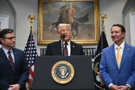 마이크 존슨(왼쪽) 미국 하원의장이 3월 24일 도널드 트럼프(가운데) 대통령의 현대차그룹 대규모 대미 투자 관련 연설을 듣고 있다. 트럼프 대통령 오른쪽은 제프 랜드리 루이지애나 주지사. 워싱턴=AFP 연합뉴스