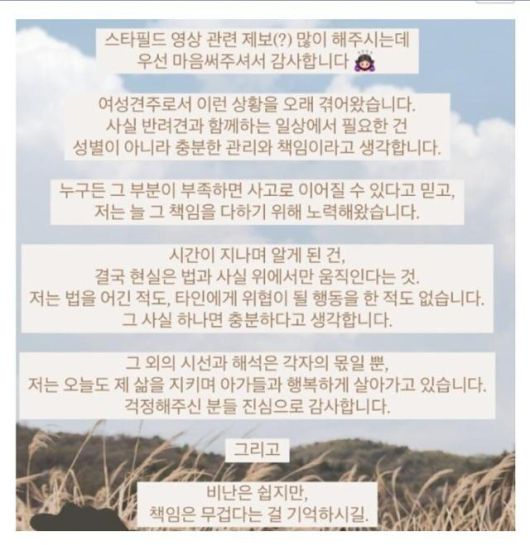 울프독 등 대형견 세 마리를 입마개 착용 없이 쇼핑몰로 데려가 논란을 부른 견주가 올린 게시글. '전혀 문제 될 게 아니다'라는 내용이다. 온라인 커뮤니티 캡처