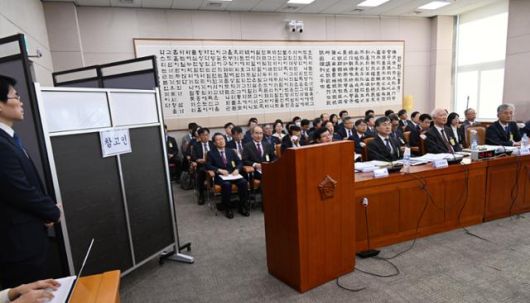 2023년 10월 국회 법사위에 출석한 김진주씨가 범죄 피해자 보호 대책에 대해 진술하고 있다. 김씨는 이날 신변 보호를 위해 칸막이 뒤에 나와 비공개 진술을 했다. 고영권 기자