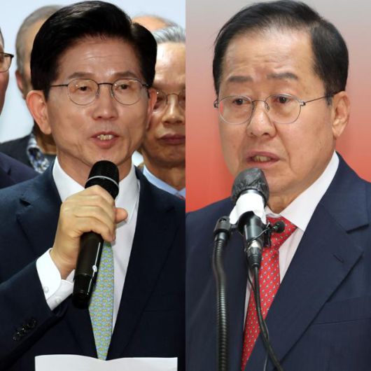 김문수(왼쪽) 전 고용노동부 장관과 홍준표 전 대구시장. 뉴시스