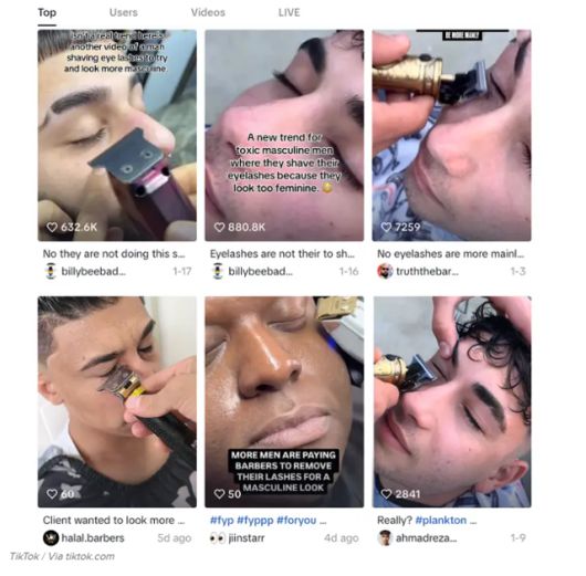 속눈썹을 자르는 해외 남성들의 틱톡 영상 목록. 틱톡 캡처