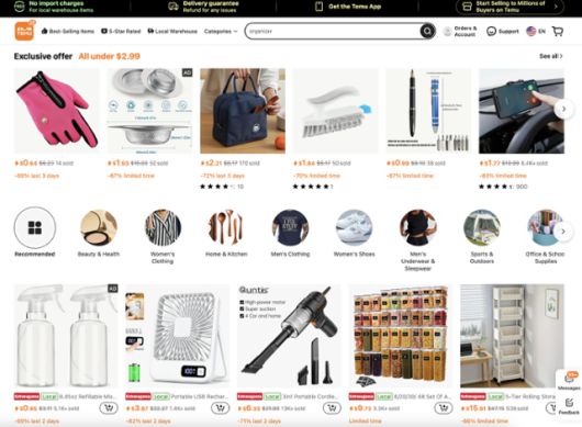 3일 미국에서 접속한 중국 초저가 쇼핑몰 '테무'의 첫 화면. 현지(local) 딱지가 붙은 제품들만 노출돼 있다. 테무 웹페이지 캡처