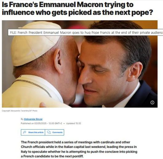 유로뉴스는 2일 '에마뉘엘 마크롱 프랑스 대통령이 차기 교황 선출에 영향력을 끼치려 하는가'라는 제목의 기사를 보도했다. 유로뉴스 캡처