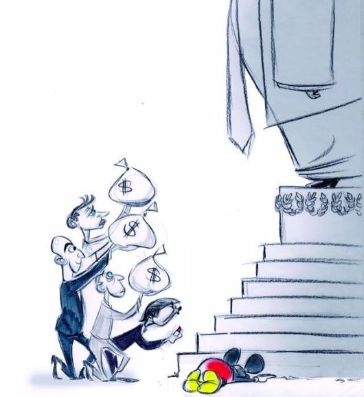 퓰리처상을 수상한 만화가 앤 텔네이스가 그린 만평. 워싱턴포스트 사주 제프 베이조스를 비롯한 기업가들이 도널드 트럼프 미국 대통령에게 돈을 바치는 내용의 만평을 그렸으나, 게재 거부를 당하자 사임했다. 텔네이스 홈페이지