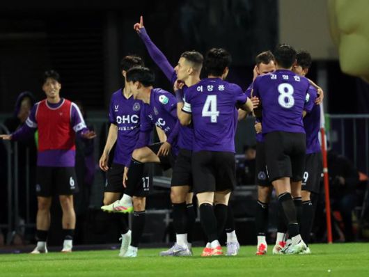 6일 경기 안양종합운동장에서 열린 2025시즌 K리그1 12라운드 FC안양과 FC서울과의 경기에서 선제골을 넣은 안양 마테우스가 동료들과 기뻐하고 있다. 뉴스1