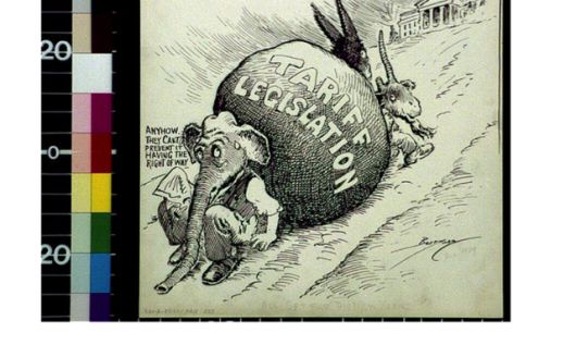 1929년 스무트-홀리법을 풍자한 만평. 코끼리(공화당)가 법안을 언덕 위에 있는 백악관까지 밀어올리려 애쓰고 있지만, 당나귀(민주당)와 뿔이 하나인 염소(공화당 내 반대파)가 이를 저지하고 있다 스무트-홀리법은 결국 이듬해 6월 발효된다. 미국 의회도서관