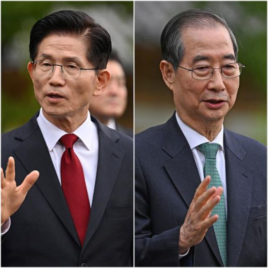 김문수 국민의힘 대선 후보와 한덕수 무소속 대선 예비후보가 8일 오후 서울 여의도 국회 강변서재에서 후보 단일화 관련 회동을 마친 뒤 언론 브리핑을 하고 있다. 고영권 기자