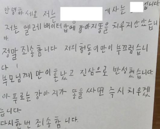 아파트 공용 공간에 반려견 배설물을 방치한 아이가 직접 작성한 것으로 보이는 공개 반성문. 온라인 커뮤니티 캡처