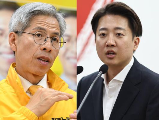 권영국 민주노동당 대선 후보(왼쪽 사진)가 15일 서울 구로구 당사에서 본보와 인터뷰하고 있다. 이준석 개혁신당 대선 후보가 16일 충청남도청에서 진행된 언론인과의 간담회에서 발언하고 있다. 한국일보 자료 사진·뉴시스